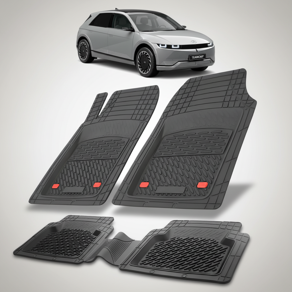 Set of black car floor mats with a Hyundai IONIQ 5 (NE) 2021– car in the background