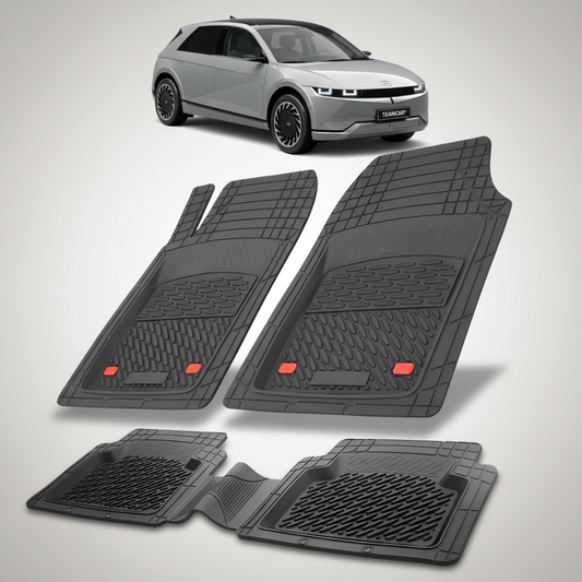 Set of black car floor mats with a Hyundai IONIQ 5 (NE) 2021– car in the background