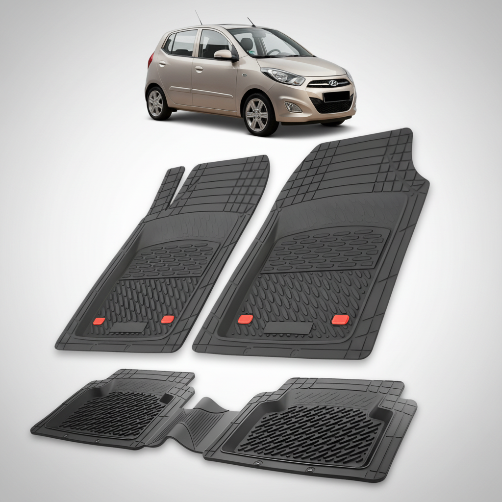 Set of black car floor mats with a small inset of a silver car.