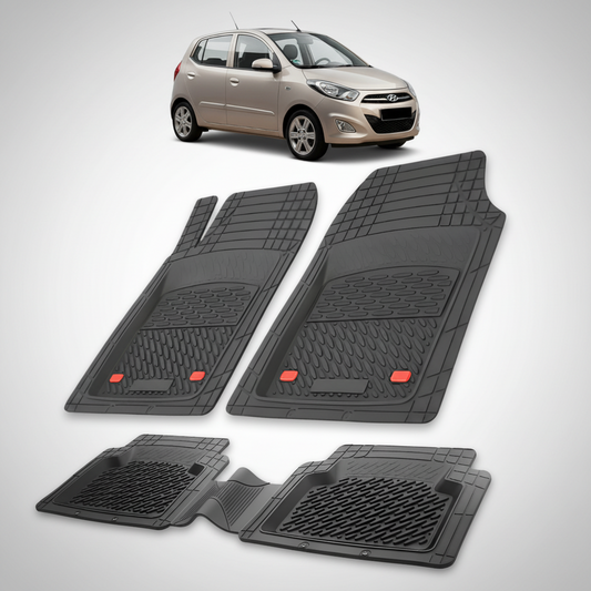 Set of black car floor mats with a small inset of a silver car.