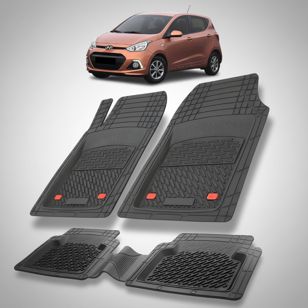 Set of black car floor mats with a Hyundai i10 car in the corner.
