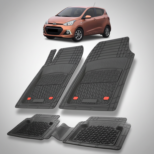 Set of black car floor mats with a Hyundai i10 car in the corner.