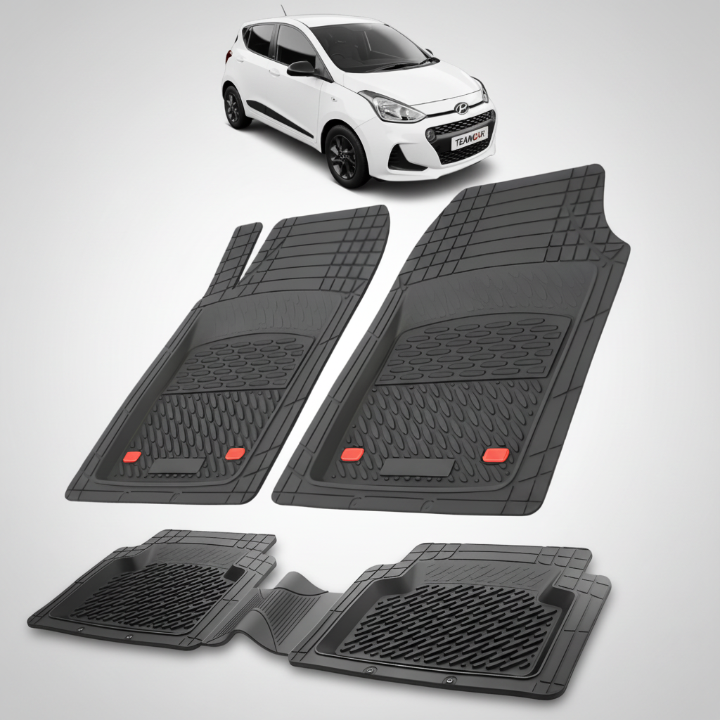 Set of black car floor mats with a white car in the background