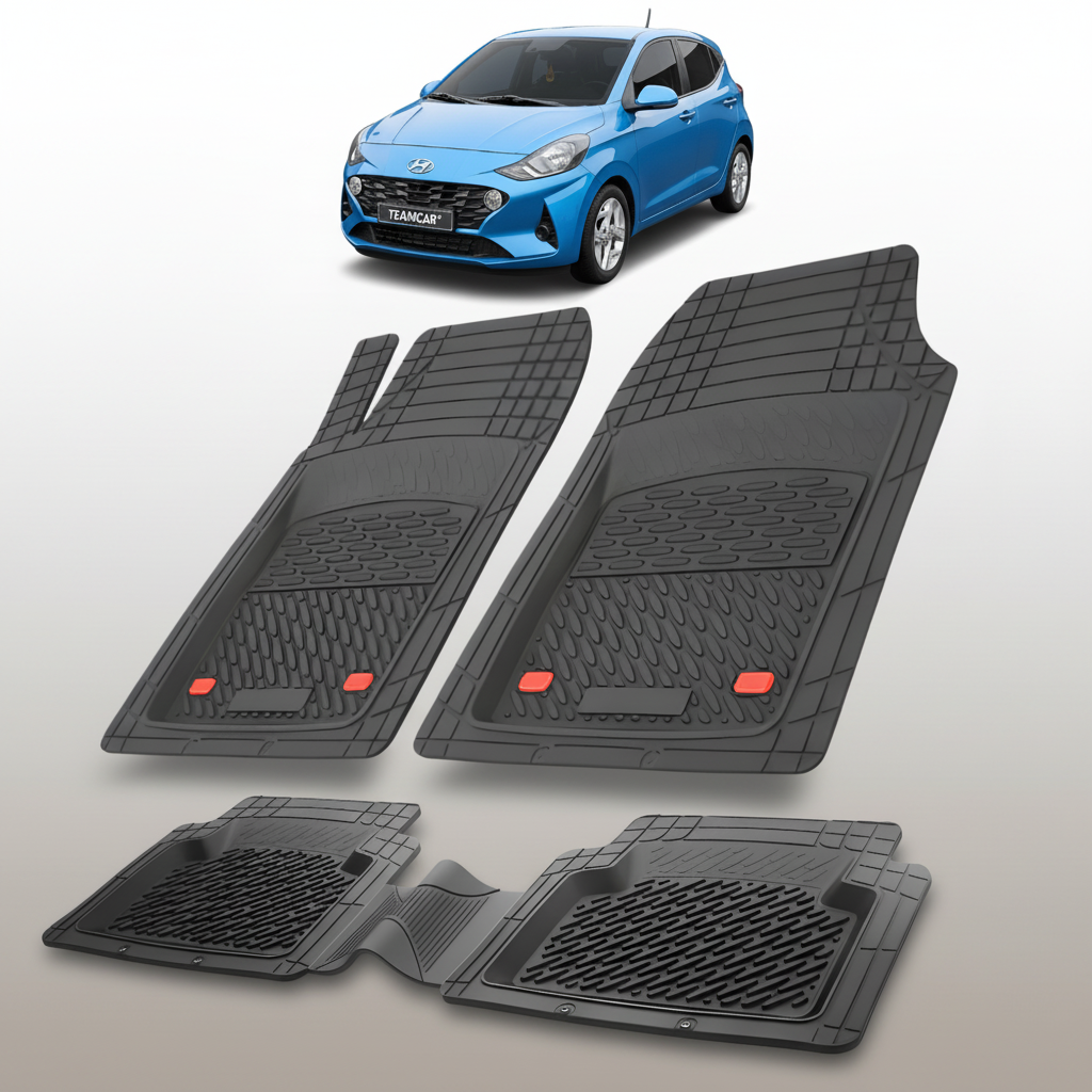 Set of black car floor mats with a blue car in the background