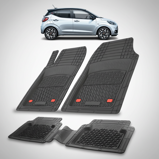 Set of black car floor mats with a small inset of a silver car.