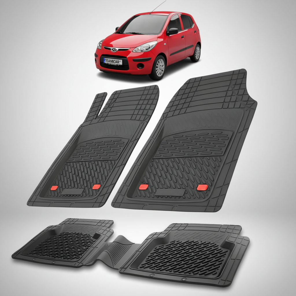 Set of black car floor mats with a red car in the background