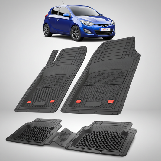 Set of black car floor mats with a blue car in the corner on a white background