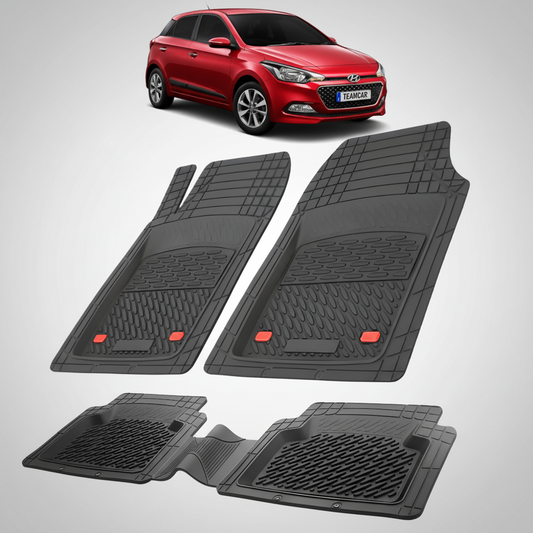 Set of black car floor mats with a red car in the background