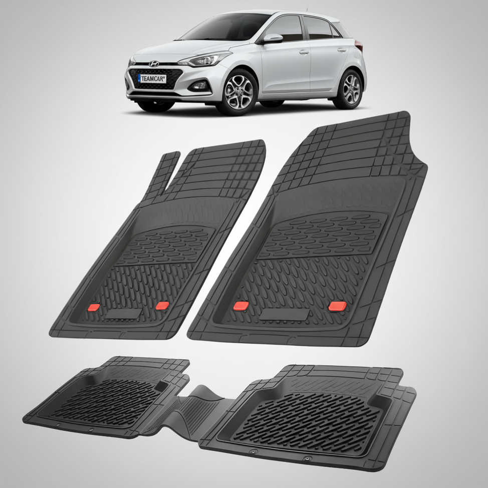 Set of black car floor mats with a white car in the background