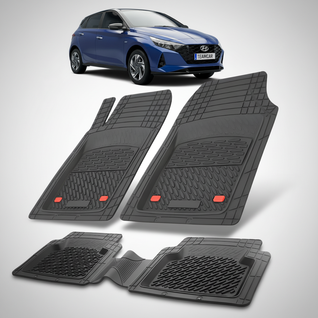 Set of black car floor mats with a blue car in the background