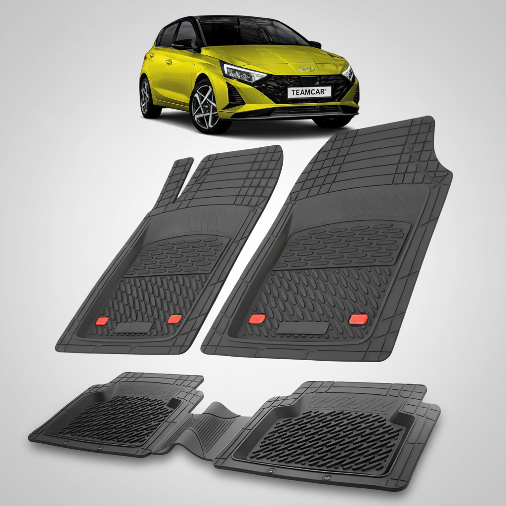 Set of black car floor mats with a yellow car in the background