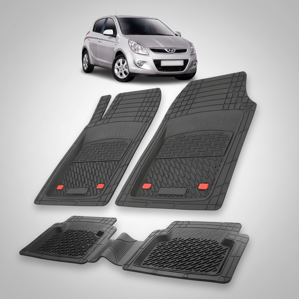 Set of black car floor mats with a silver car on a white background