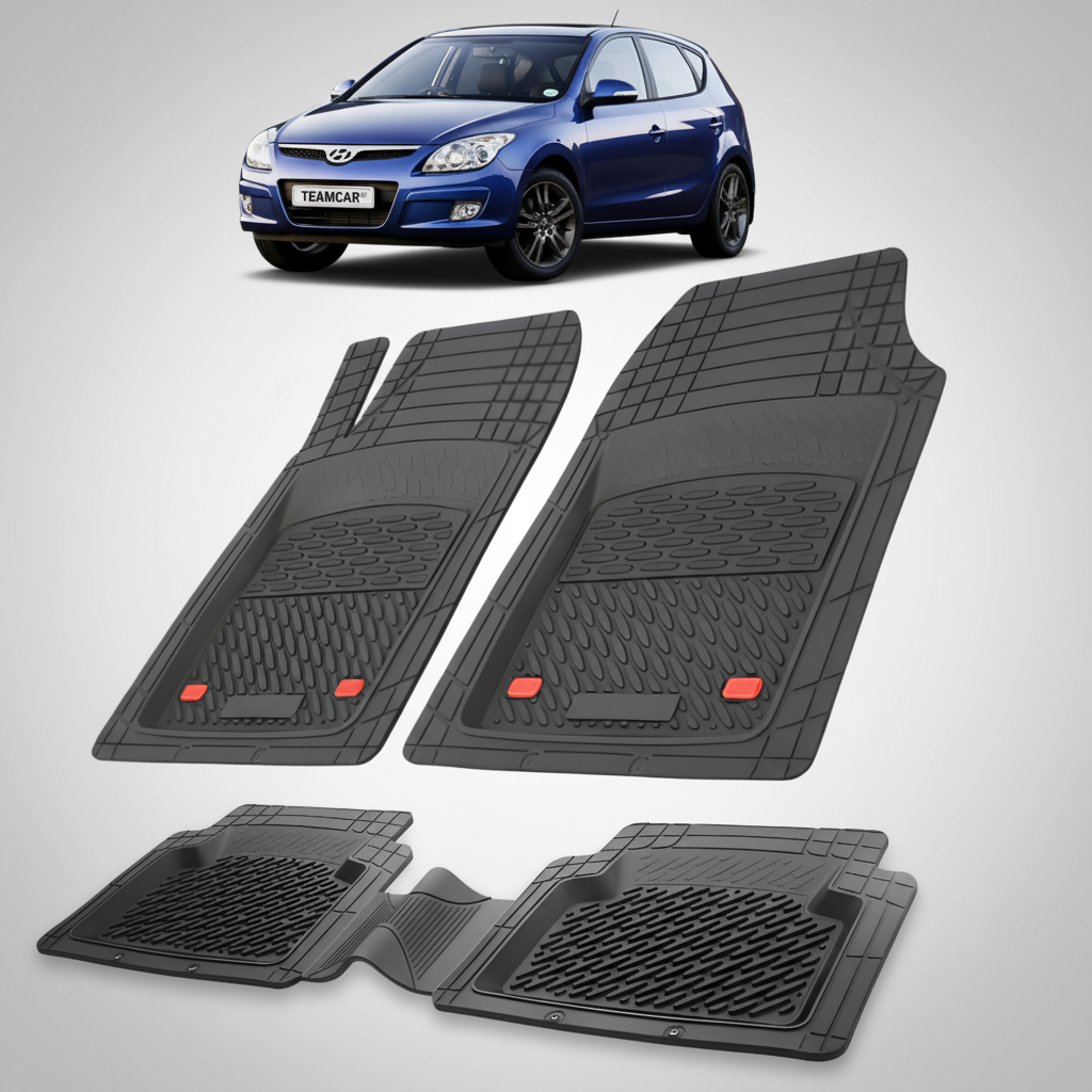 Set of black car floor mats with a blue car in the background