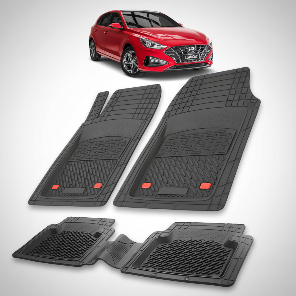 Set of black car floor mats with a red car in the background