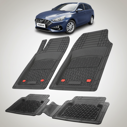 Set of black car floor mats with a blue car in the background
