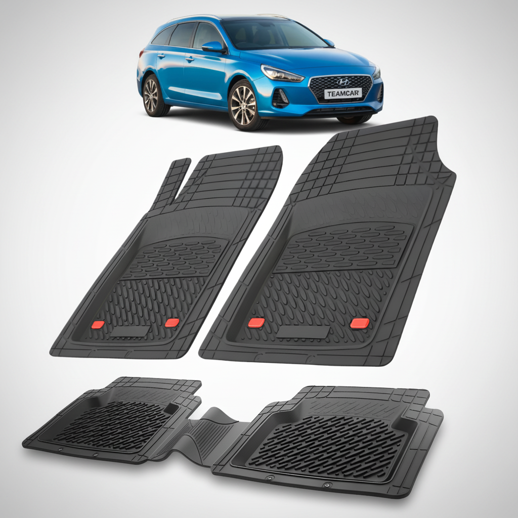 Set of black car floor mats with a blue car in the background