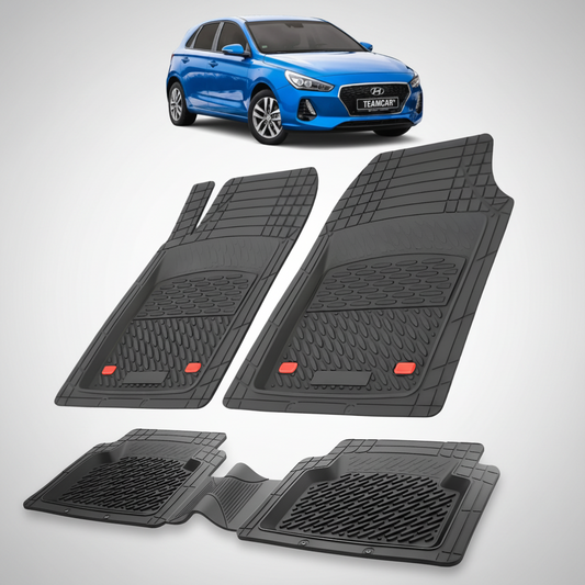 Set of black car floor mats with a blue car in the corner