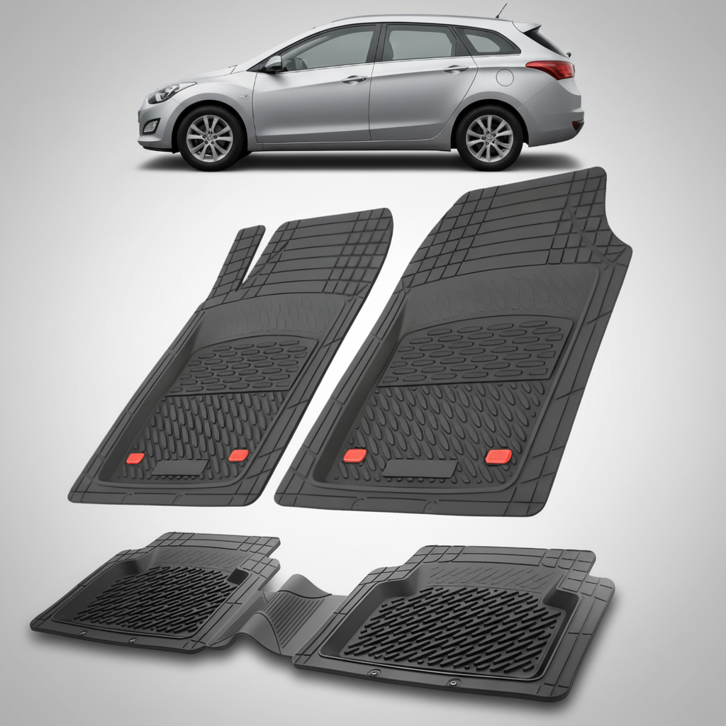 Set of black car floor mats with a silver car in the background