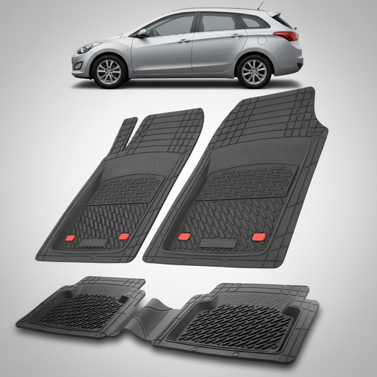 Set of black car floor mats with a silver car in the background
