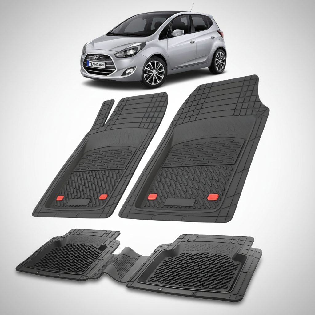 Set of black car floor mats with a silver Hyundai car in the background.