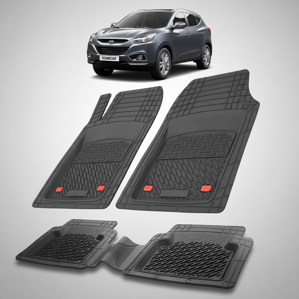 Set of black car floor mats with a Hyundai Tucson in the background