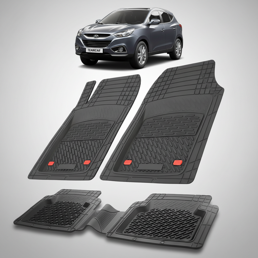 Set of black car floor mats with a Hyundai Tucson in the background