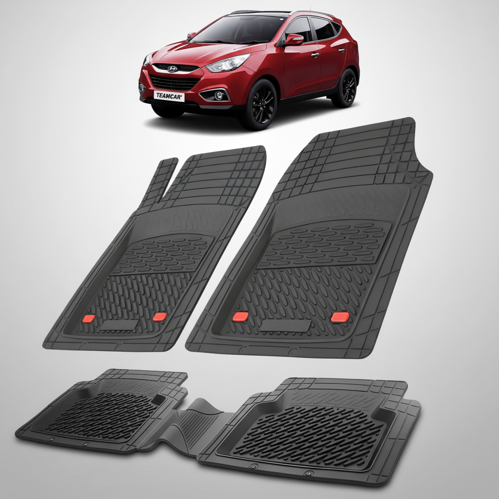 Set of black car floor mats with a red Hyundai Tucson in the background