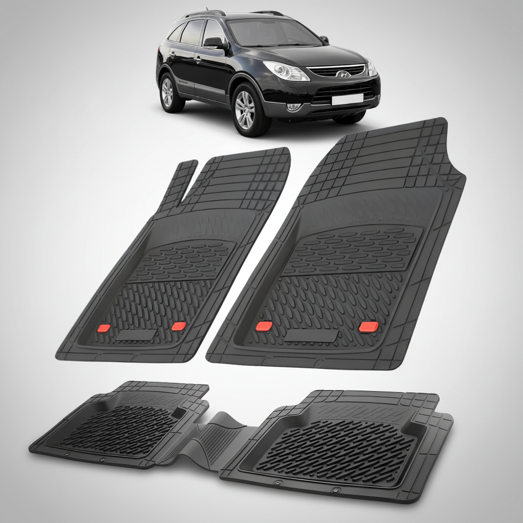 Set of black car floor mats with a car in the corner on a white background