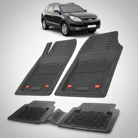 Set of black car floor mats with a car in the corner on a white background