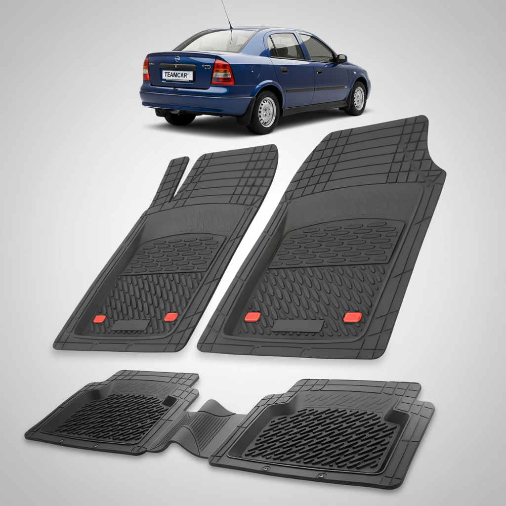 Set of black car floor mats with a small inset of a blue car.