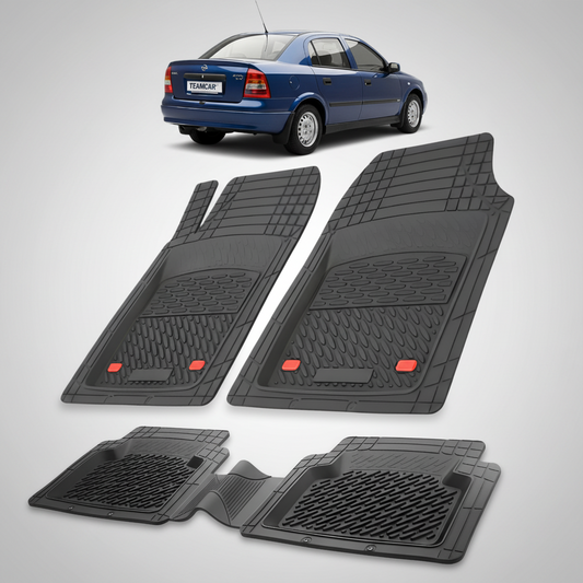 Set of black car floor mats with a small inset of a blue car.