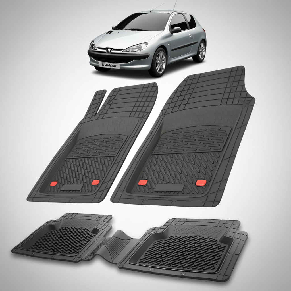 Set of black car floor mats with a white car in the background