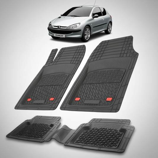 Set of black car floor mats with a white car in the background