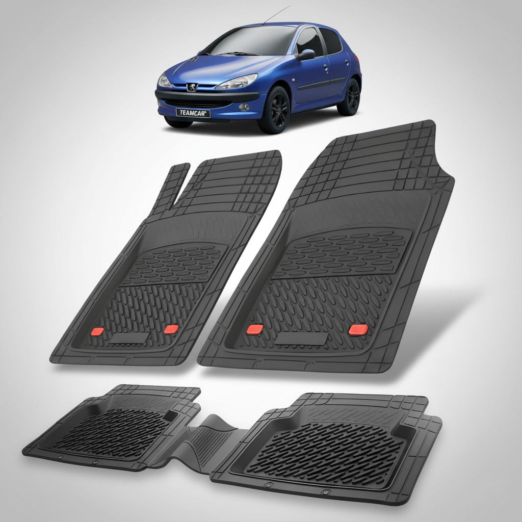 Set of black car floor mats with a blue car in the corner