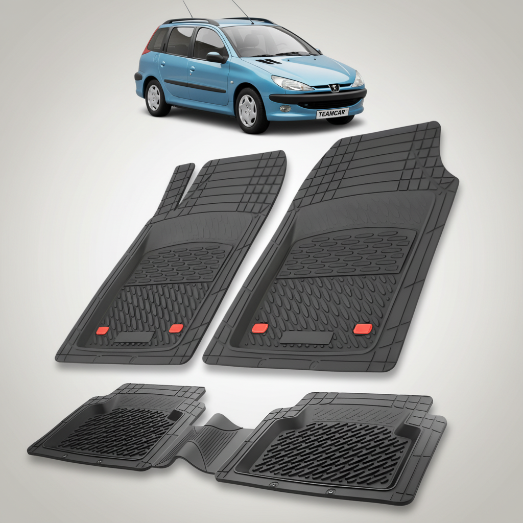 Set of black car floor mats with red accents on a white background, with a blue car in the corner.