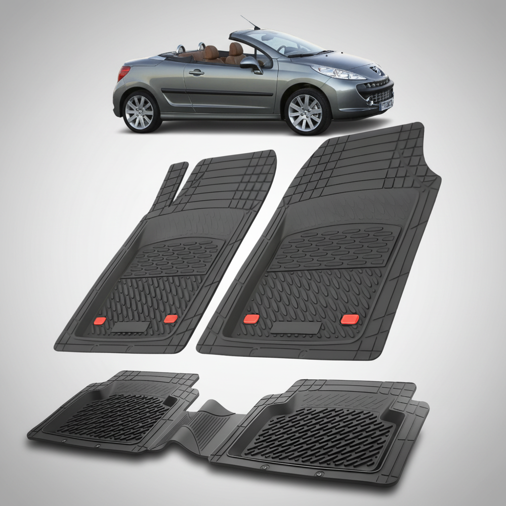 Set of black car floor mats with a small inset of a silver car.