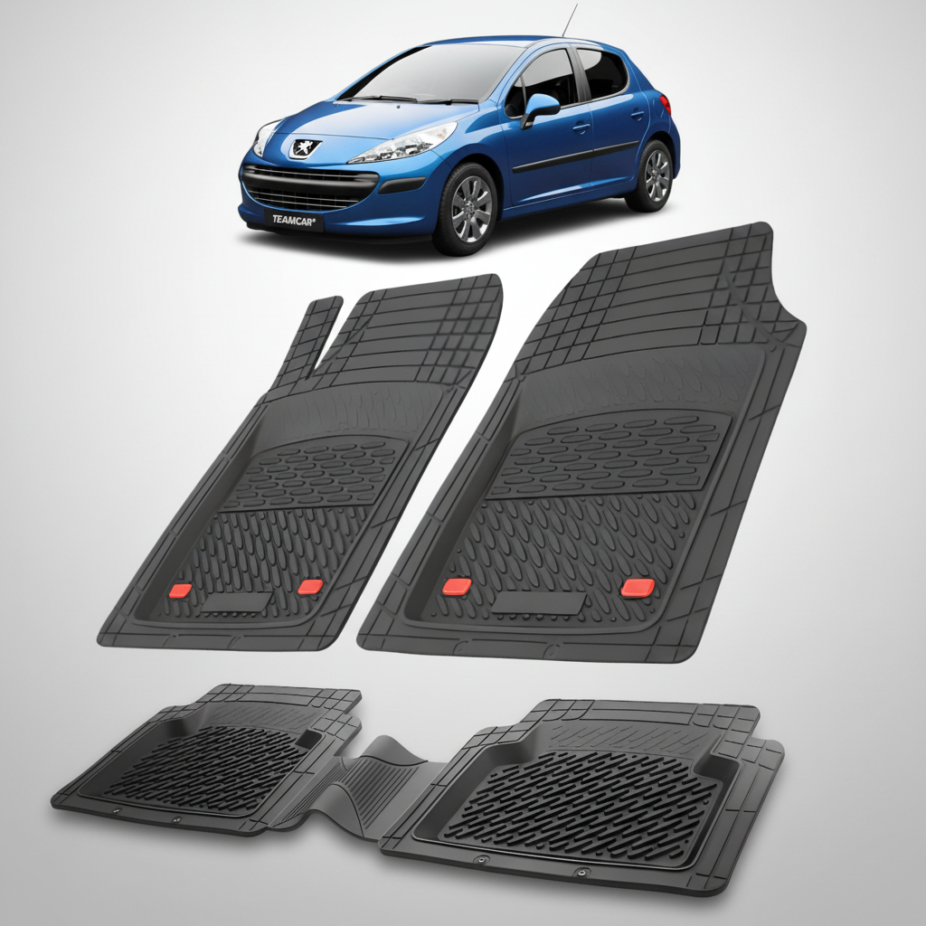 Set of black car floor mats with a blue car in the background
