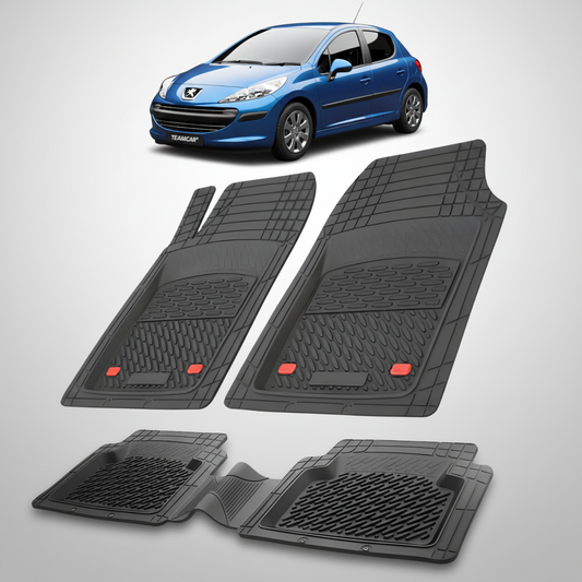 Set of black car floor mats with a blue car in the background