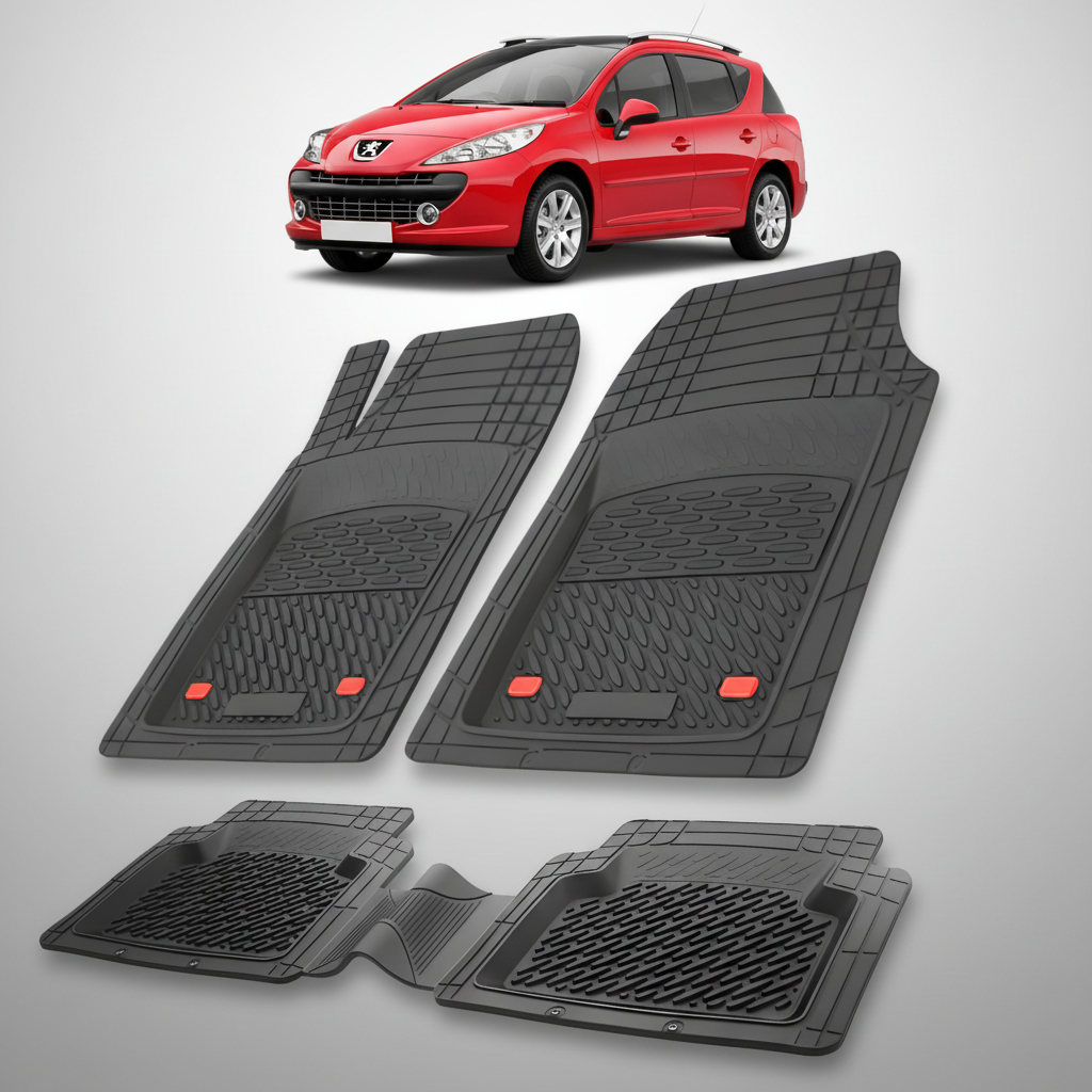 Set of black car floor mats with a red car in the background