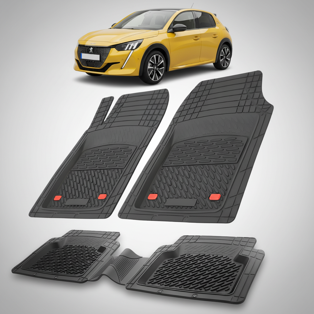 Set of black car floor mats with a yellow car in the corner.