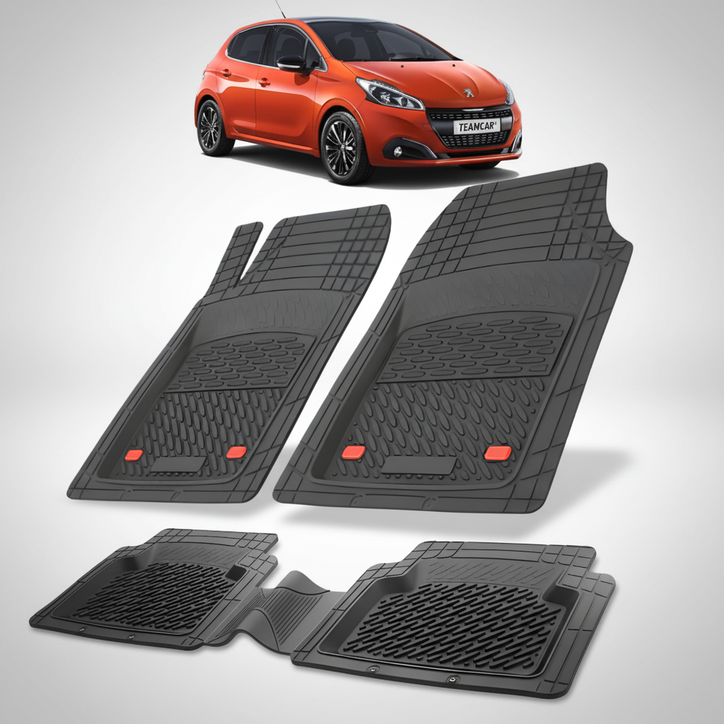Set of black car floor mats with a red car in the corner on a white background
