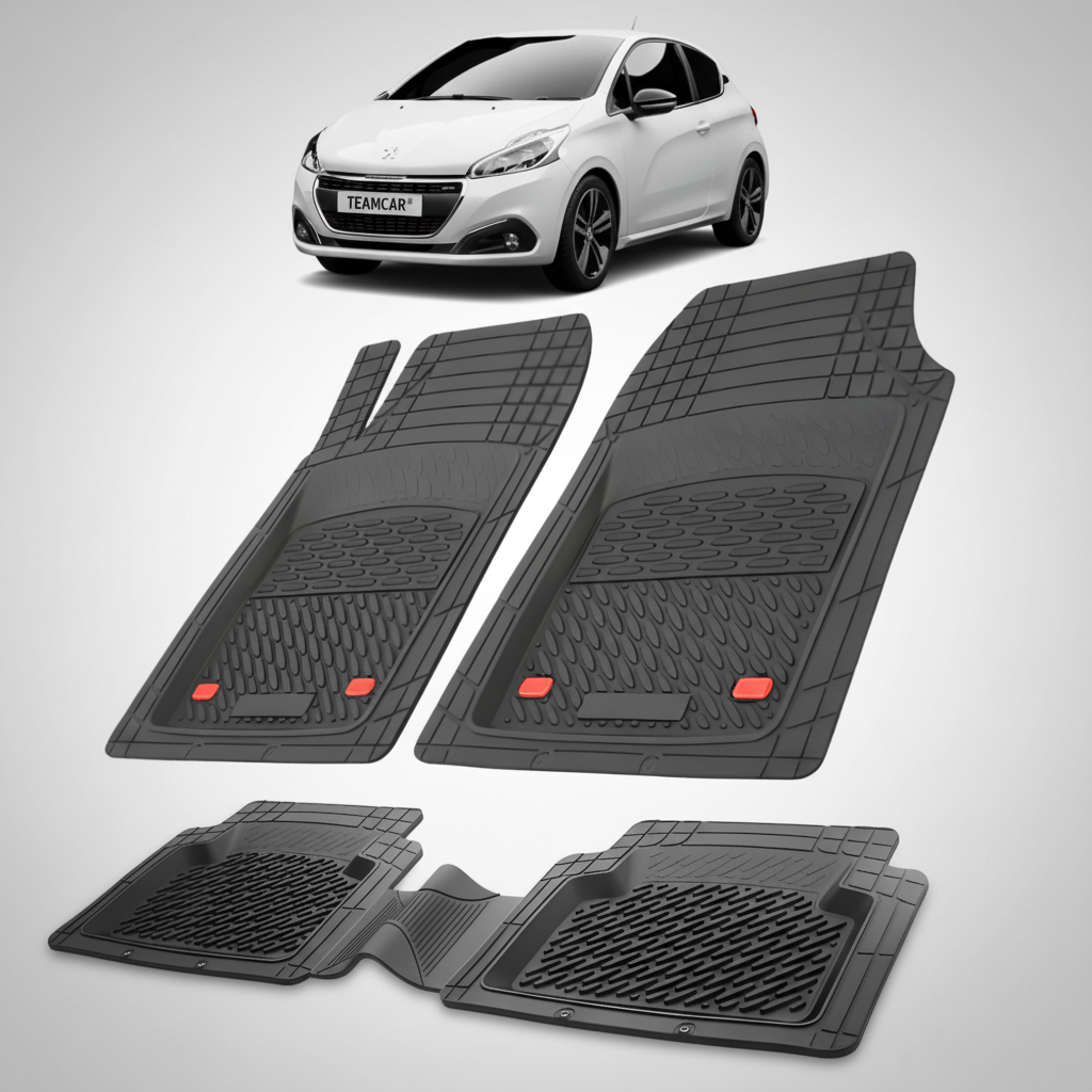 Set of black car floor mats with a white car in the corner.