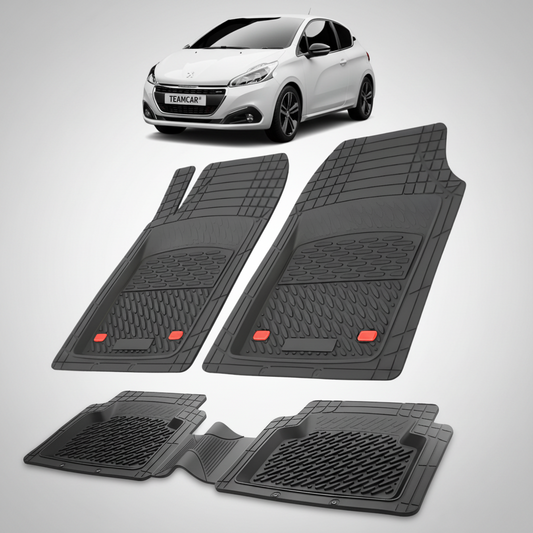 Set of black car floor mats with a white car in the corner.