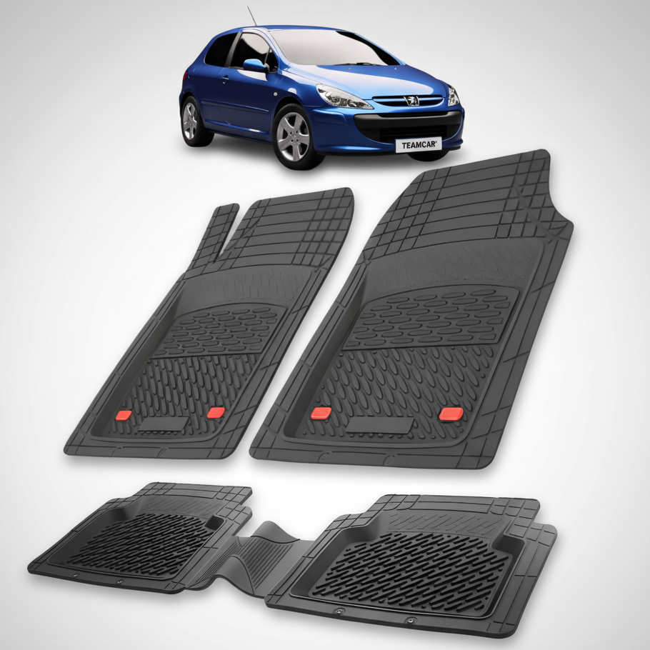 Set of black car floor mats with a blue car in the background