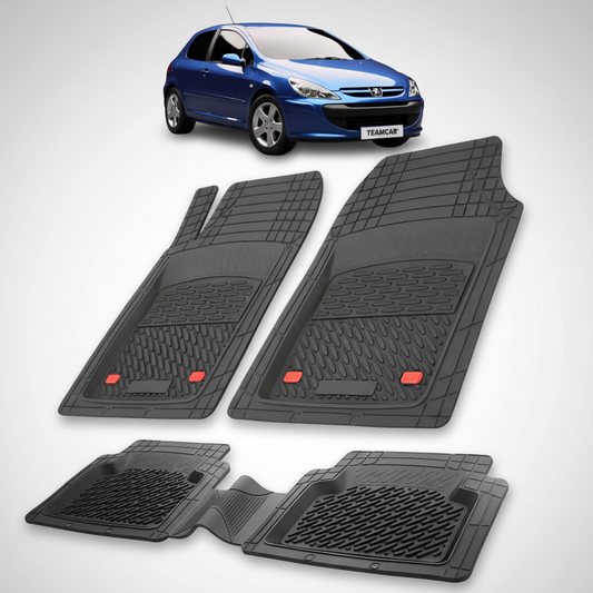 Set of black car floor mats with a blue car in the background