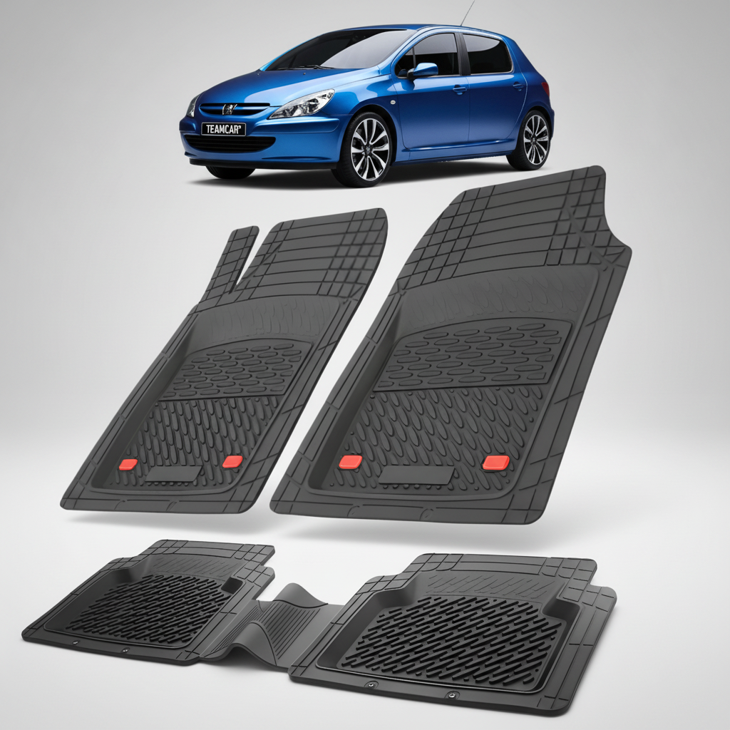 Set of black car floor mats with a blue car in the background