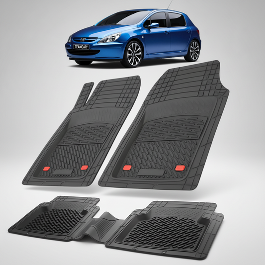 Set of black car floor mats with a blue car in the background