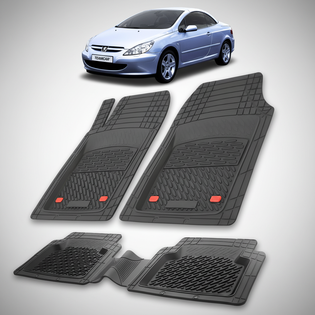 Set of black car floor mats with a small inset of a silver car.