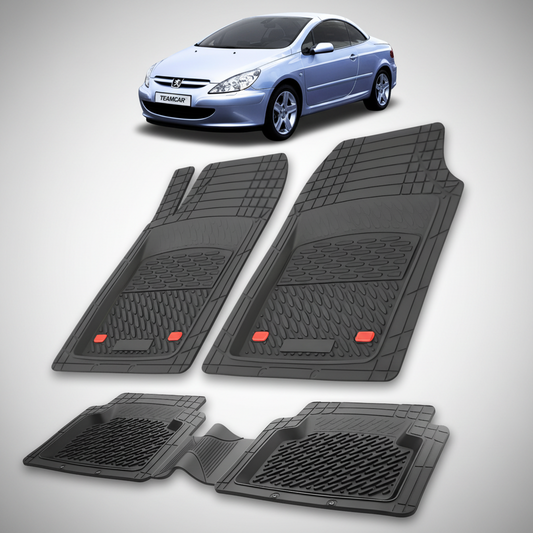 Set of black car floor mats with a small inset of a silver car.
