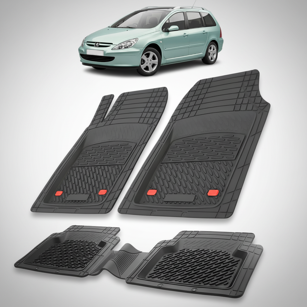 Set of black car floor mats with a car in the background